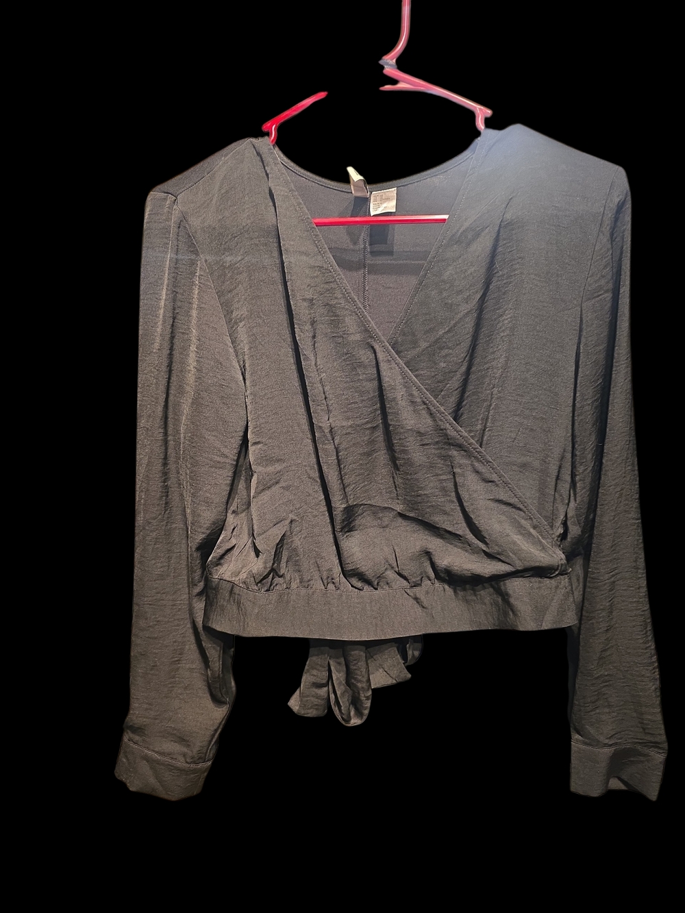 Black Wrap Blouse with V-Neck & Tie Back